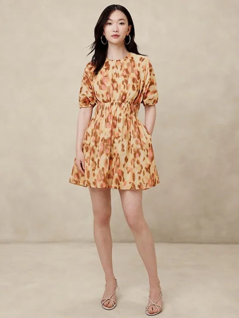 Banana Republic Leopard Print Puff-Sleeve Mini Dress Gathered Waist